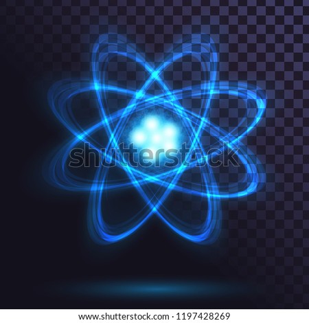 Blue glowing atom on transparent background. Science, physics. Nuclear power