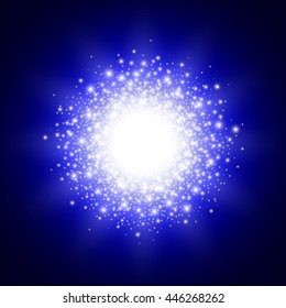 Blue glowing background. Glittering lights. Star dust. Flash, sparkles. Light effect. Vector illustration.