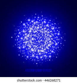 Blue glowing background. Glittering particles. Star dust. Flash, sparkles. Light effect. Fireworks. Vector illustration.