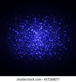 Blue glowing background. Glittering particles. Star dust. Flash, sparkles. Light effect. Vector illustration.