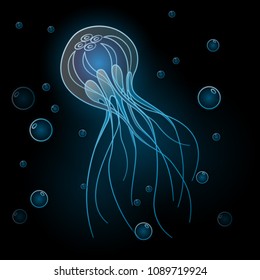 Blue glowing big Jellyfish underwater with bubbles.Can be used for t-shirt print, fashion print design, kids wear, baby shower, greeting and postcard. Vector illustration, EPS 10.