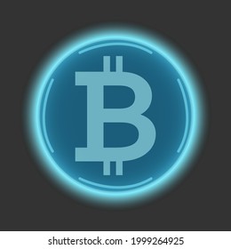 Botón de bitcoin azul brillante sobre un fondo oscuro. Representación 3D. Tecnología Blockchain, moneda digital del futuro. Ilustración vectorial.