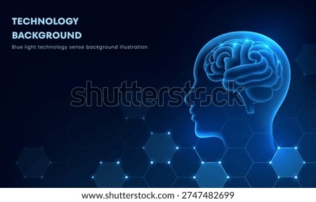 Blue glowing brain within tech-inspired hexagonal grid. Silhouetted head faces left, symbolizing innovation and thought. Deep digital tones suggest future-focused technology