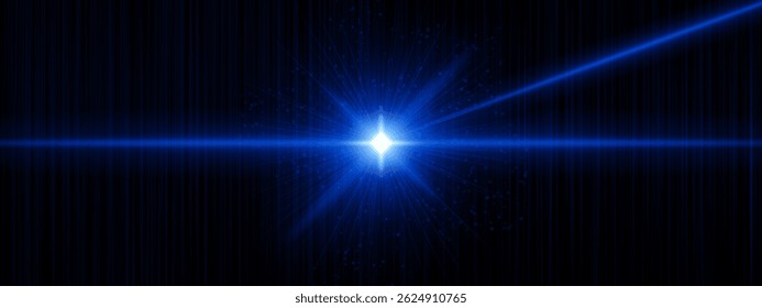 Blue glowing burst with angled beams and bright central flare, scattered digital sparkles on vertical-lined background. Represents futuristic light force, sci-fi ignition.