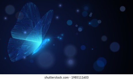 Blue Glowing Butterfly With Circuit Wings On A Dark Background