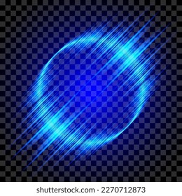 Blue glowing circle with glowing rays. Elegant Illuminated light ring. Round energetic background. Vector light effect. Glowing circle isolated on transparent background.