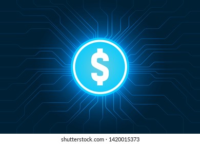 Blue glowing circuit board background with coin on center seamless pattern vector.