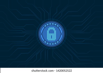 Blue Glowing Circuit Board Background With Digital Lock On Center Seamless Pattern Vector.