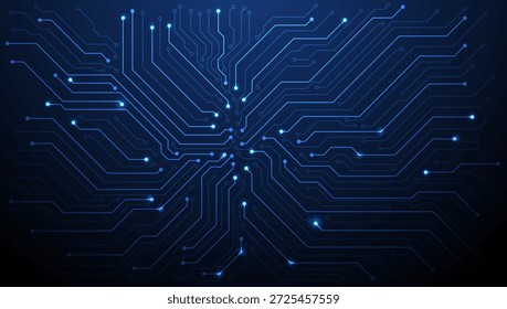 Blau leuchtende Leiterplattenleitungen Netzwerk auf dunklem Hintergrund. Verbindungs- und Datenübertragungskonzept. Vektor eps10.