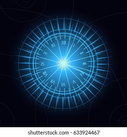 Blue glowing clock on dark blue background