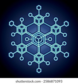 Blue Glowing Cyber Network with Frozen Geometric Nodes. Glowing Blue Blockchain. Encrypted Ice Grid