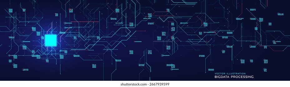 Blue glowing digital circuit chip background, AI processor network BG. Big Data cyber security pattern, neural system texture. Artificial intelligence technology backdrop. Vector illustration. 