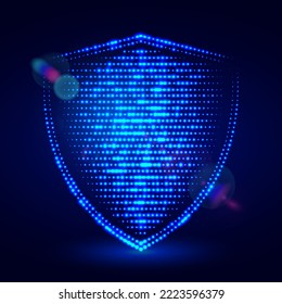 Blue glowing digital shield made of light dots. Protect and Security concept. Vector illustration.