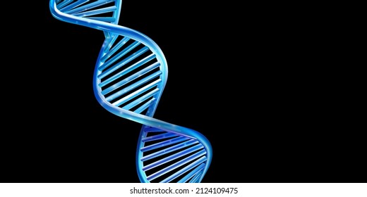 Blue glowing DNA model on a black background.