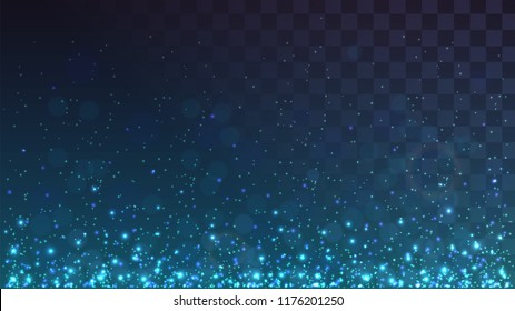 Blue glowing dust from below, sparks on a transparent background, lights