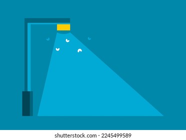 Blue glowing electric streetlight lamp bulb pole illuminated light with bug insect flying at public park garden in blue night backgroud flat vector design.