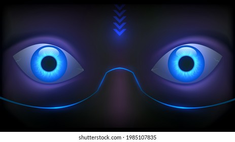 Blue glowing eyes of a robot close up