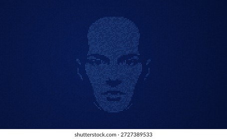 Blue glowing face of artificial intelligence formed with binary code on dark tech screen
