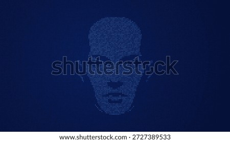Blue glowing face of artificial intelligence formed with binary code on dark tech screen