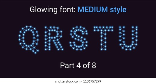 Blue Glowing font in the Outline style. Vector Alphabet with Connections, Lines, Polygonal structure and Glowing knots. Medium style, part 4 with uppercase letters Q R S T U
