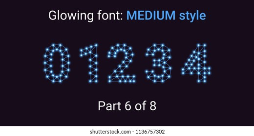 Blue Glowing font in the Outline style. Vector Alphabet with Connections, Lines, Polygonal structure and Glowing knots. Medium style, part 6 with numbers 0 1 2 3 4