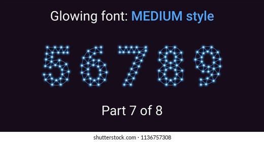 Blue Glowing font in the Outline style. Vector Alphabet with Connections, Lines, Polygonal structure and Glowing knots. Medium style, part 7 with numbers 5 6 7 8 9