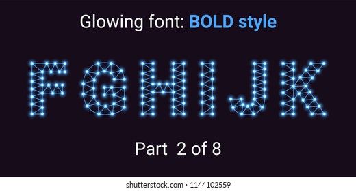 Blue Glowing font in the Outline style. Vector Alphabet with Connections, Lines, Polygonal structure and Glowing knots. Bold style, part 2 with uppercase letters F G H I J K