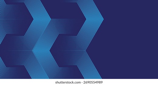 blue glowing geometric on dark blue background. shiny blue hexagon lines pattern. 