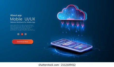 Blue glowing global data information exchange available. Data protected exchange on phone or mobile device and online storage. Digital technology background. Big data center, future infrastructure.