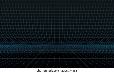 Blue Glowing Grid of Curved 3D Stage. Perspective Grid. Wide Black Blueprint Background Texture.