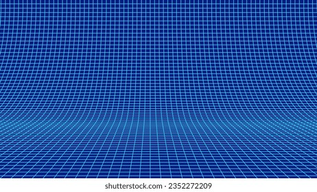 Blue Glowing Grid of Curved 3D Stage. Perspective Grid. Wide Blueprint Texture. VR Virtual Reality Cyberspace Background. Vector Illustration.