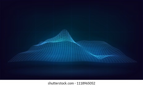 Blue glowing grid with waves, relief, abstract, technology