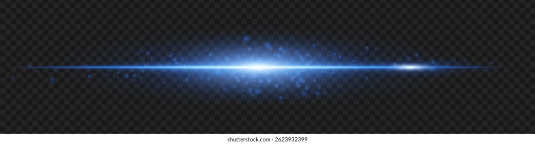 Blue glowing horizontal light beam with soft sparkles and glow. Sci-fi style light streak for design overlays.