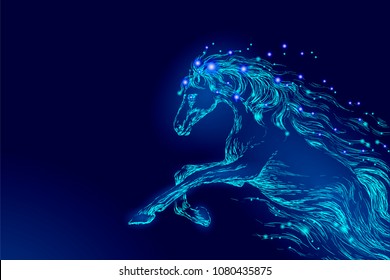 Blue glowing horse riding night sky star. Creative decoration magical backdrop shining cosmos space moon light fantasy background vector illustration