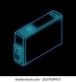 Blue glowing ink cartridge with contact chip floating on a black background