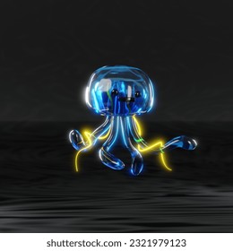 blue glowing jellyfish in the sea modeling
