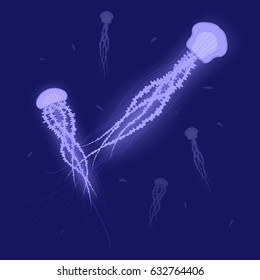 Blue glowing Jellyfishes under water. flock of jellyfishes swimming in the ocean