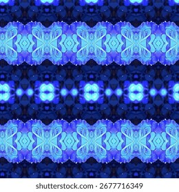 Padrão caleidoscópio brilhante azul com simetria geométrica e design futurista, criando um fundo abstrato ornamental.