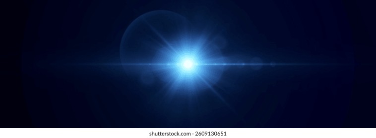 Blue glowing lens flare burst with radial rays and subtle glow on dark space background. Suitable for sci-fi visuals, digital effects, cosmic interfaces and cinematic transitions.