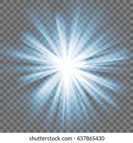 Blue glowing light. Bright shining star. Bursting explosion. Transparent background. Rays of light. Glaring effect with transparency. Abstract glowing light background. Vector illustration.