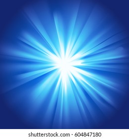 Blue glowing light. Bright shining star. Bursting explosion. Transparent graphic design element. Colorful gradient rays. Glaring effect with transparency. Abstract glowing sparkle. Vector illustration
