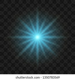 Blue glowing light explodes on a transparent background. Sparkling magical dust particles. Bright Star. Transparent shining sun, bright flash. Vector sparkles. To center a bright flash. 