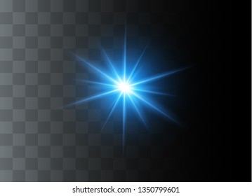 Blue glowing light explodes on a transparent background. Sparkling magical dust particles. Bright Star. Transparent shining sun, bright flash. Vector sparkles. To center a bright flash.