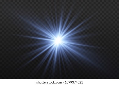 Blue  glowing light explodes on a transparent background. Sparkling magical dust particles. Bright Star.  Bright flash. Vector sparkles. To center a bright flash.