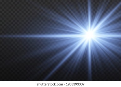Blue  glowing light explodes on a transparent background. Sparkling magical dust particles. Bright Star.  Bright flash. Vector sparkles. To center a bright flash.