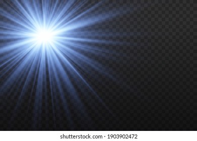 Blue  glowing light explodes on a transparent background. Sparkling magical dust particles. Bright Star.  Bright flash. Vector sparkles. To center a bright flash.