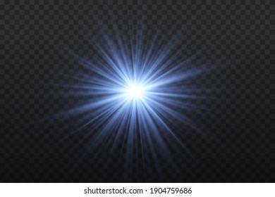 Blue  glowing light explodes on a transparent background. Sparkling magical dust particles. Bright Star.  Bright flash. Vector sparkles. To center a bright flash.