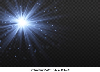 Blue  glowing light explodes on a transparent background. Sparkling magical dust particles. Bright Star.  Bright flash. Vector sparkles. To center a bright flash.