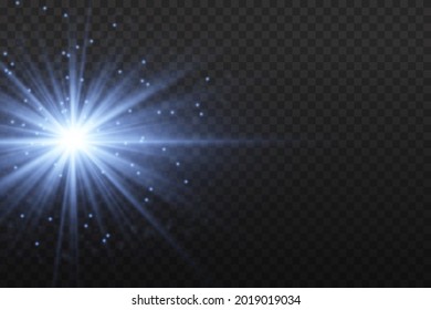 Blue  glowing light explodes on a transparent background. Sparkling magical dust particles. Bright Star.  Bright flash. Vector sparkles. To center a bright flash.