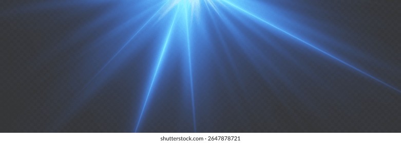 Blue glowing light explodes with shining rays and lens flares. On a transparent background